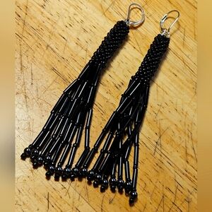 PEYOTE STITCH FRINGE EARRINGS BLACK SEED/BUGLE BEAD, WITH HEMMITITE BEAD ACCENT